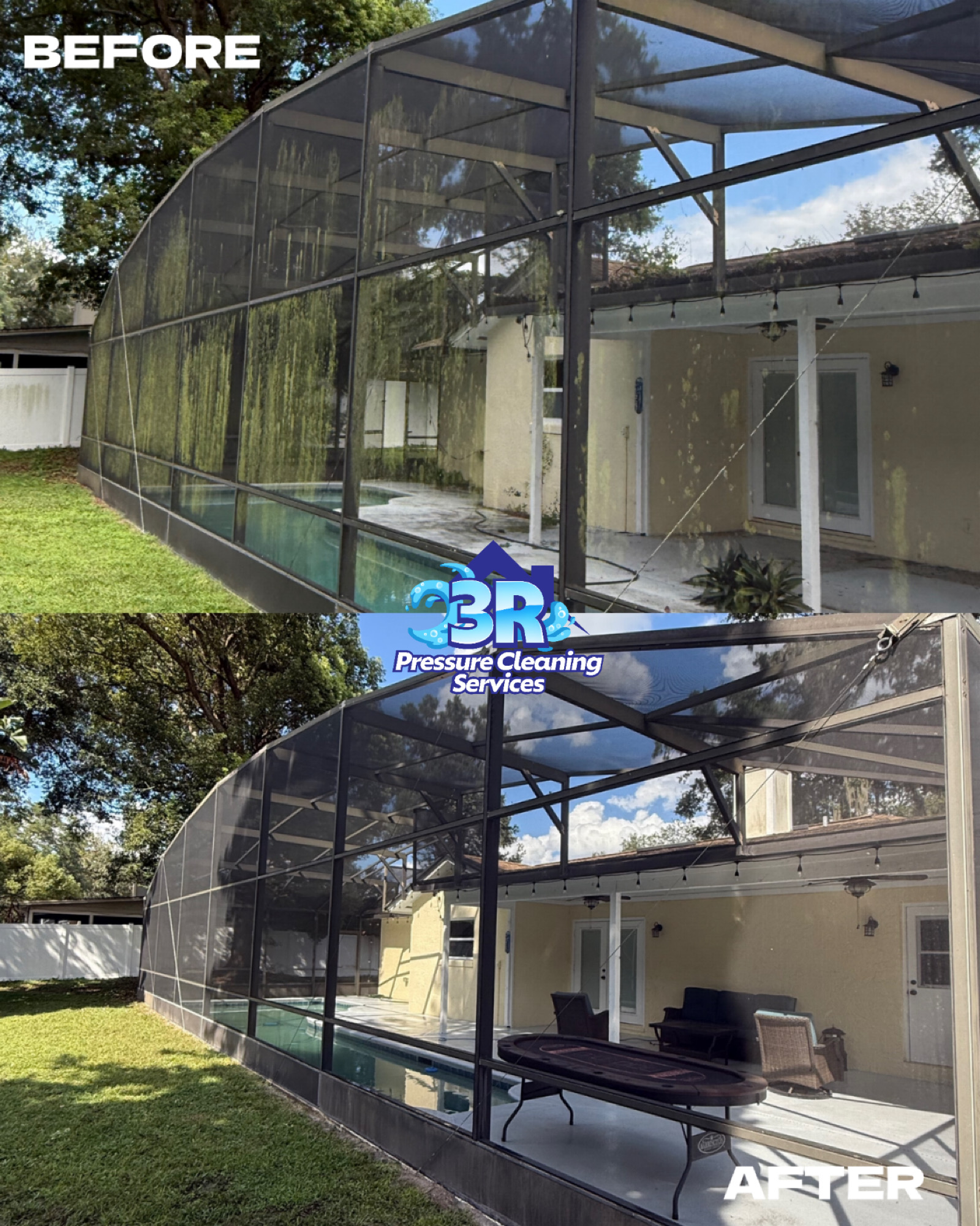 Pool cage and screen enclosure cleaning